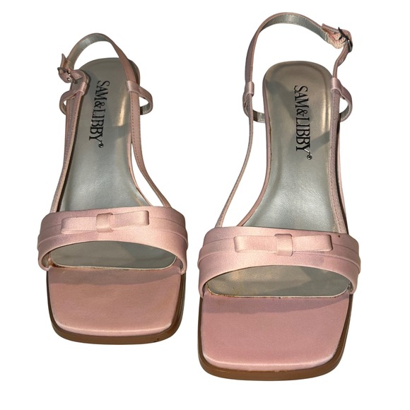 Sam‎ & Libby Womens 6M Marine Pink Satin Square Toe Bow Slingback Heels Retro - Picture 9 of 9